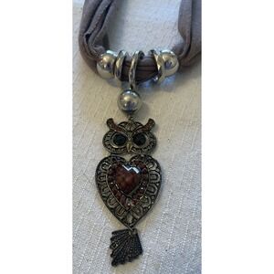Boho Owl Pendant Scarf Necklace Brown Fabric Statement Rhinestone Heart Long